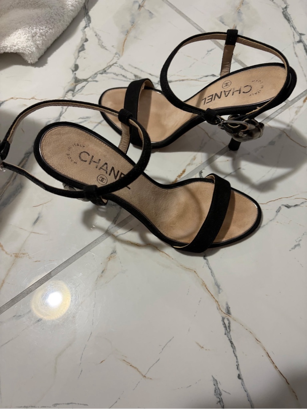 CHANEL Black Suede Strappy Low Heel Sandals